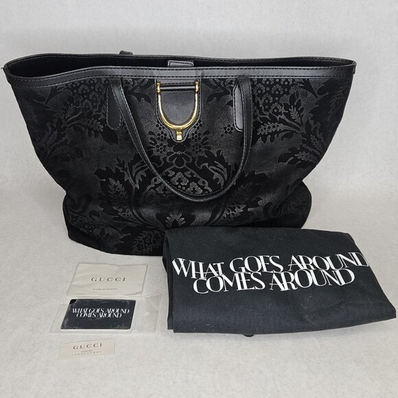 Gucci Brocade Soft Stirrup Black Suede Leather Purse Tote Handbag - Picture 1 of 13